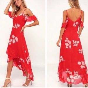 Red Floral Cold-Shoulder Midi Dress